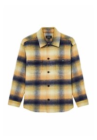 Camisa de franela con un patrón de cuadros en amarillo, azul y naranja. Presenta un collar puntiagudo, dos bolsillos en el pecho y botones negros. Tejido texturizado.
