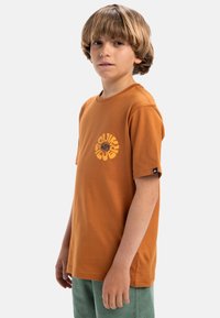 Roestoranje katoenen t-shirt met een cirkelvormige graphic in geel en blauw op de voorkant, crew neck en korte mouwen.