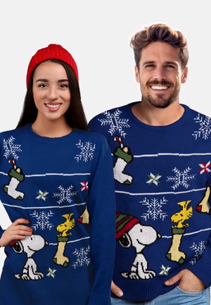 Blue knitted sweaters feature white snowflakes and colorful Snoopy and Woodstock motifs. The female model wears a red knit beanie.