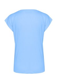 T-shirt bleu clair à manches courtes avec une coupe ample et un col rond. Tissu doux avec une texture lisse, sans motifs ni embellissements.