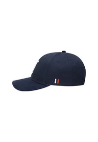 Navy baseball cap with a flat brim, embroidered white logo on the front, and three colored stripes (blue, white, red) on the side.