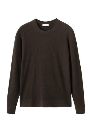 Dunkelbrauner, gerippter Strickpullover mit rundem Rundhalsausschnitt und langen Ärmeln. Verfügt über eine lockere Passform und einen geraden Saum.