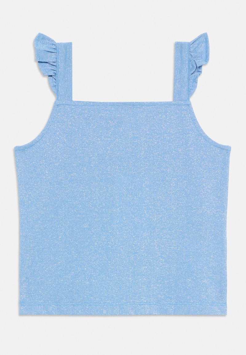 Μπλε ανοιχτό αμάνικο μπλουζάκι με ραμμένα φιογκάκια στους ώμους, φτιαγμένο από μαλακό ύφασμα με διακριτική γυαλάδα. Απλή τετράγωνη γραμμή, χωρίς επιπλέον σχέδια.