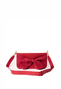 Borsa rossa con dettaglio in suede a forma di fiocco, corpo in pelle liscia e tracolla regolabile con accenti in oro.