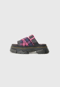 Sandalo platform nero con tomaia a quadri trapuntati in viola e rosa, cinturino regolabile e suola testurizzata pronunciata con cuciture gialle.