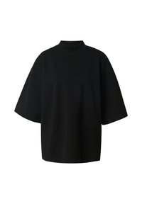 Zwarte korte mouwen top met een hoge hals, gemaakt van zacht materiaal. Heeft een oversized ontwerp en een gladde textuur zonder patronen of accenten.