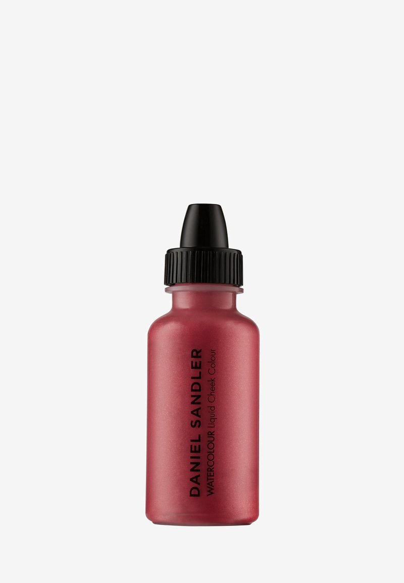 Blush liquido in una bottiglia rosa satinata con tappo contagocce nero. Presenta il testo nero: "DANIEL SANDLER WATERCOLOUR liquid Cheek Colour."