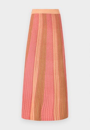 Strikket midi-skirt med vertikale striper i nyanser av rosa, gull og oransje. Ribbestruktur med en myk midje for komfort.