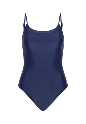 Mornarica jednodijelni kupaći kostim s podesivim naramenicama, glatkom teksturom i skromnim izrezom. Sadrži mali logotip na području bokova.