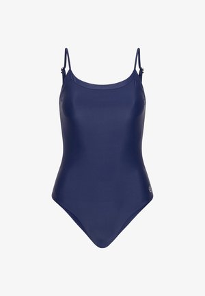 Mornarica jednodijelni kupaći kostim s podesivim naramenicama, glatkom teksturom i skromnim izrezom. Sadrži mali logotip na području bokova.