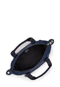 Navy blue handbag with a zippered opening. Smooth exterior material, sturdy handles, and a black interior lining. Features branded tag inside.