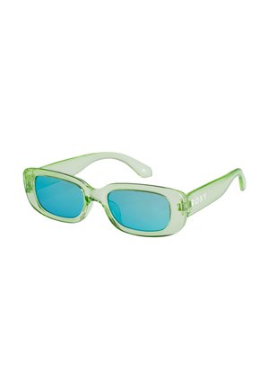 Grüne transparente rechteckige Sonnenbrille mit blauen Gläsern und "ROXY"-Logo am Bügel.