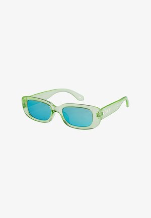 Grüne transparente rechteckige Sonnenbrille mit blauen Gläsern und "ROXY"-Logo am Bügel.