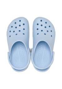 Light blue clogs made of rubbery material with ventilation holes, heel strap, textured footbed, and smooth surface.