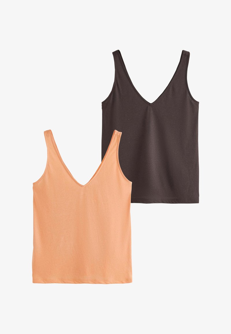 Deux débardeurs sans manches à col en V, un pêche clair et un marron foncé, présentés côte à côte sur un fond blanc.