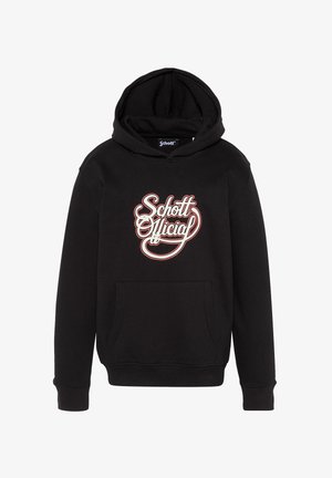 Czarna bluza z kapturem z przednią kieszenią oraz białym i czerwonym napisem „Schott Official” na środku klatki piersiowej.