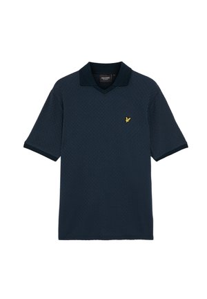 Navy polo shirt with a textured pattern, short sleeves, V-neck, and a yellow embroidered logo on the left chest. Made from breathable fabric.