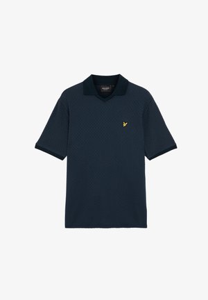 Navy polo shirt with a textured pattern, short sleeves, V-neck, and a yellow embroidered logo on the left chest. Made from breathable fabric.