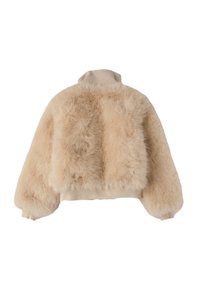 Giacca in finta pelliccia beige con colletto alto, forma over size e polsini e orlo a coste. Superficie texture con diverse lunghezze di pelliccia.