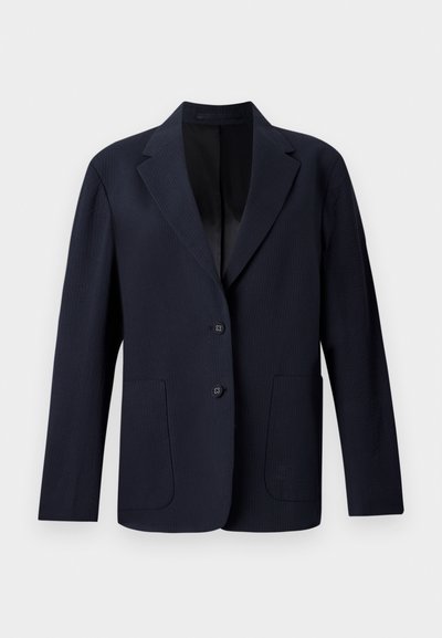 Navy blazer with a textured pattern, single-breasted design, peak lapels, two front pockets, and two button closures.