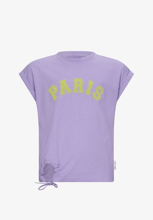 Lila Kurzarm-T-Shirt mit auffälligem gelbem "PARIS"-Text, einer gerafften Seitendetail mit Kordelzug und aus weichem Baumwollmaterial.