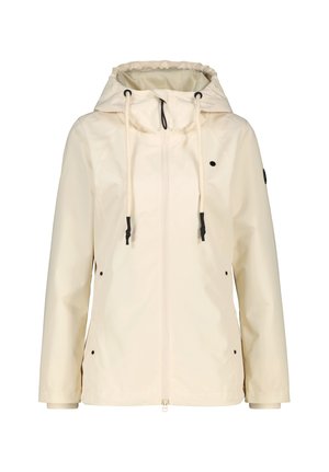 Giacca con cappuccio color crema, con cerniera frontale, cappuccio con coulisse e tasche laterali con bottoni a pressione neri.