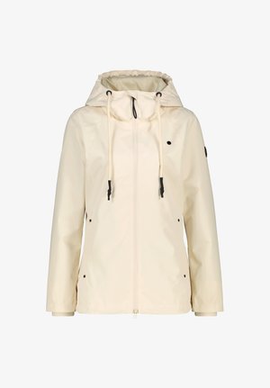 Giacca con cappuccio color crema, con cerniera frontale, cappuccio con coulisse e tasche laterali con bottoni a pressione neri.