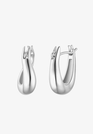 Paire de boucles d'oreilles créoles en argent poli avec un design lisse, légèrement torsadé et arrondi avec des fermoirs à charnière.