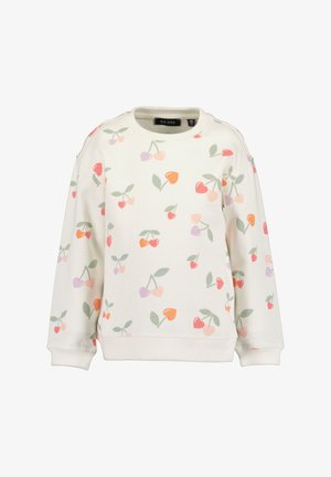 Bílá mikina s opakujícím se vzorem třešní v růžové, červené, oranžové a zelené barvě. Obsahuje žebrované manžety a výstřih. Měkká textura látky.