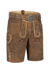 Brune lædershorts med udsmykkende mørk broderi, et bælte med en dekorativ sølvspænde, og knapdetaljer langs siden.