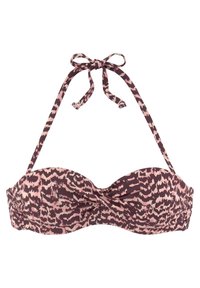Bikini viršus su rudu ir rožiniu abstrakčiu gyvūnų raštu, be petnešėlių dizainu ir reguliuojamais kaklo raiščiais su sukimo detale priekyje.