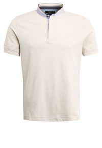 Short-sleeved beige polo shirt with a light blue collar and placket, featuring a subtle logo on the chest, presented flat.