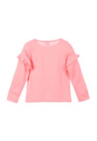 Koszula z długim rękawem w intensywnym różowym kolorze, wykonana z bawełny, z falbanami na rękawach, okrągłym dekoltem i luźnym krojem.