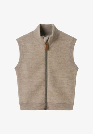 Beige bezrukávový svetr na zip s vysokým límcem, který má přední zip a kožený úchyt, vyrobený z měkké, texturované látky.
