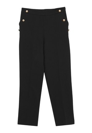 Pantaloni neri su misura realizzati in tessuto liscio, con dettagli in bottone dorato e due tasche laterali con zip. Design a gamba dritta.