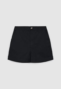 Shorts neri in cotone con chiusura frontale a bottoni, due tasche laterali, orlo arrotolato e un design strutturato adatto per un look casual.