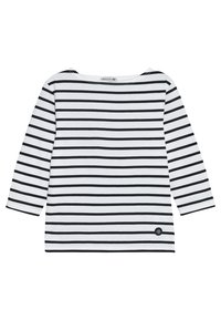 Chemise à manches longues blanche avec des rayures horizontales noires, col rond et petit logo près de l'ourlet. Matière en coton confortable.