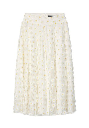 White midi skirt with 3D daisy flower appliques featuring yellow centers, pleated design, and a back zipper closure.