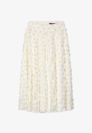 White midi skirt with 3D daisy flower appliques featuring yellow centers, pleated design, and a back zipper closure.