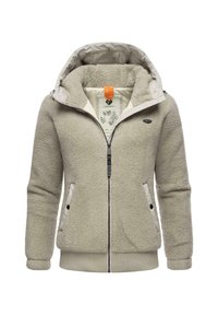 Veste en polaire gris clair avec fermeture éclair à l'avant, capuche et deux poches latérales. Présente une texture douce et des accents beiges contrastants.