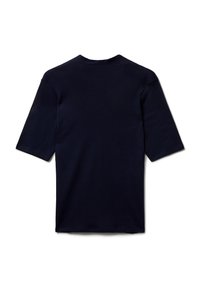 Tmavě modré tričko s krátkým rukávem, vyrobené z měkké látky, má kulatý výstřih a uvolněný střih bez viditelných vzorů nebo ozdob.