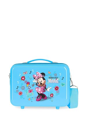 Maleta rígida azul con Minnie Mouse con vestido rosa de lunares, rodeada de flores de colores y notas musicales, con texto "Magnificently Minnie".