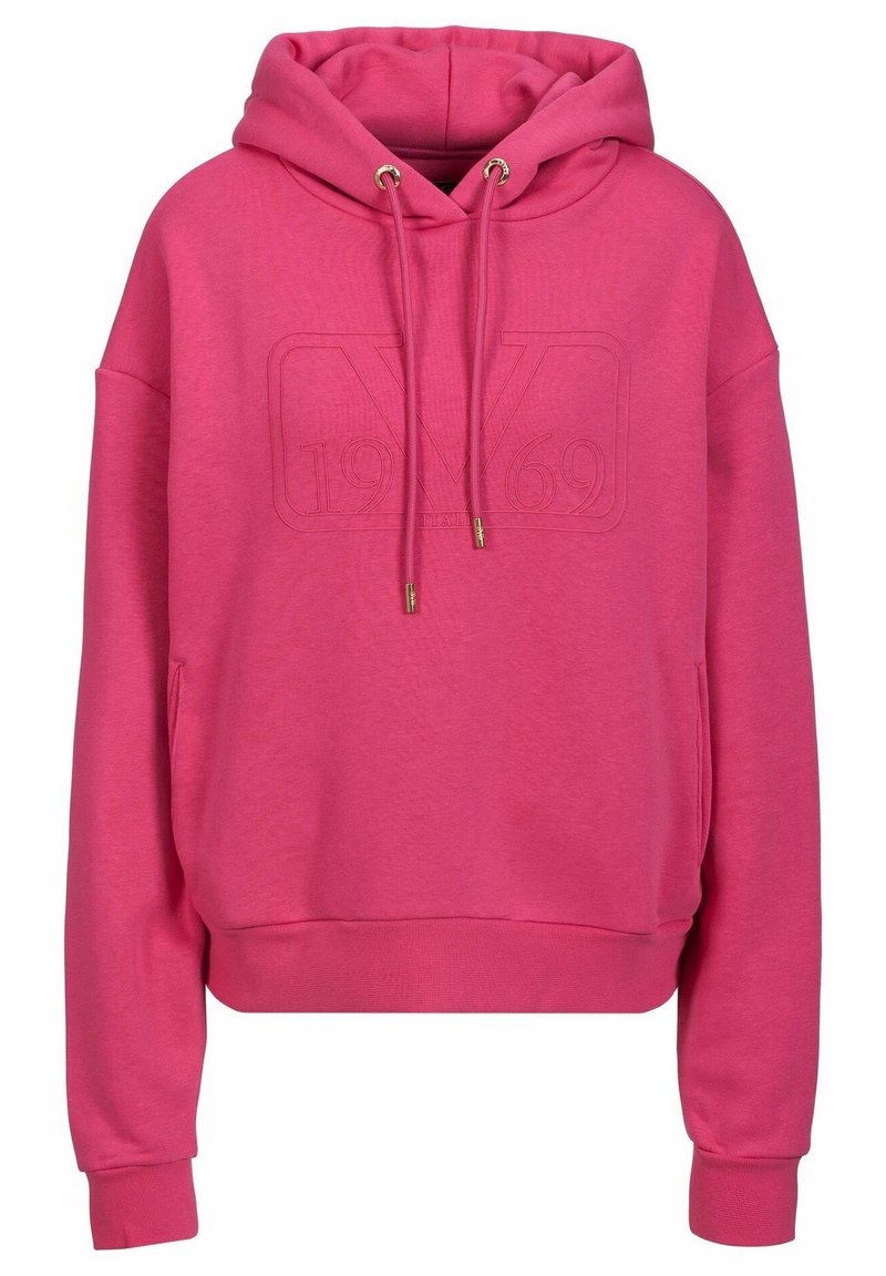 Rosa hoodie med dragsko i huvan, framfickor i kängurustil och präglad "1969"-logotyp. Tillverkad av mjukt, strukturerat tyg med ribbade ärmslut.
