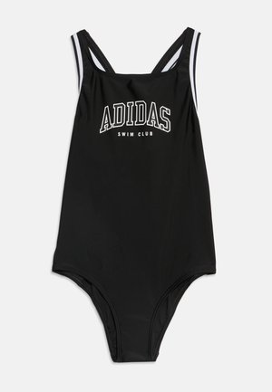 Μαύρο ολόσωμο μαγιό Adidas με λευκό κείμενο "ADIDAS Swim Club" και διπλούς ιμάντες ώμου με λευκές ρίγες.