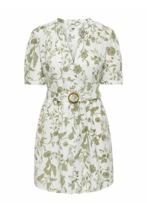 Vestito bianco a maniche corte con stampa floreale verde, bottoni frontali, scollo a V e cintura abbinata con fibbia circolare.