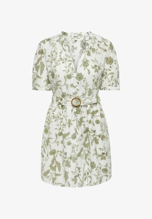 Robe blanche à manches courtes avec imprimé floral vert, boutons sur le devant, col en V et ceinture assortie avec boucle circulaire.