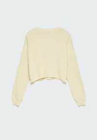 Crème kleurige, geribbelde gebreide trui met lange mouwen en een iets korte zoom, te zien vanuit de achterkant tegen een effen achtergrond.