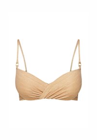 Beżowy bikini z prążkowanym topem, miękkimi miseczkami, skręconym przodem, regulowanymi ramiączkami oraz złotym akcentem.