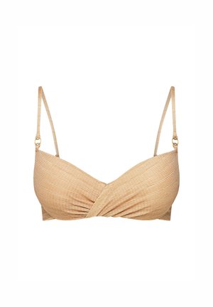 Beżowy bikini z prążkowanym topem, miękkimi miseczkami, skręconym przodem, regulowanymi ramiączkami oraz złotym akcentem.