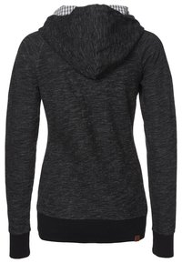 Sweat à capuche noir en tissu texturé, doté d'une doublure à carreaux gris dans la capuche. Coupe ajustée avec ceinture et poignets côtelés noir uni.